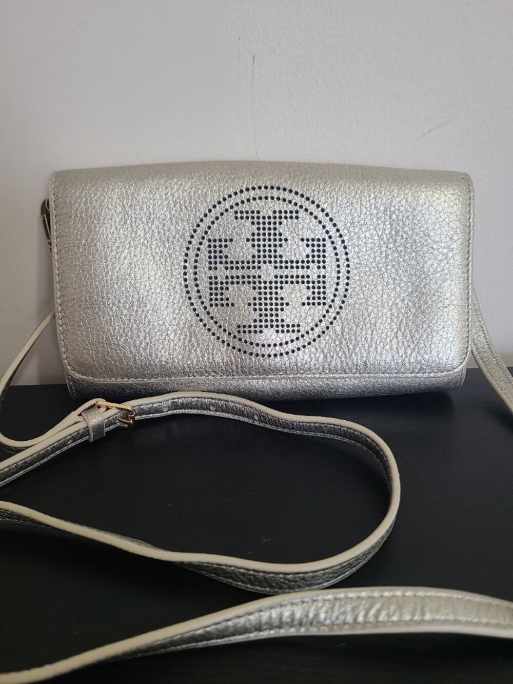 Tory Burch Leather Crossbody Perforated Clutch Gold Metallic